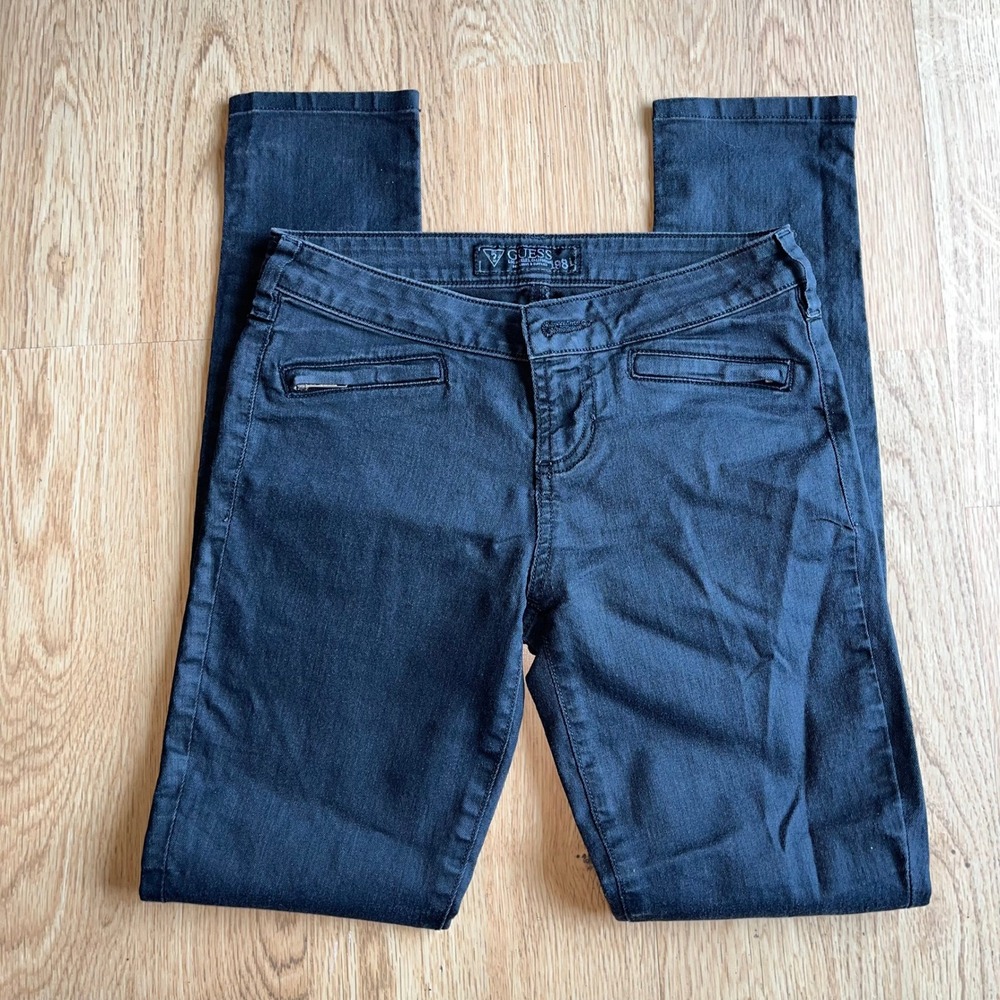 Guess 1981 Skinny Jeans Black Low Rise Coated Denim Size 24